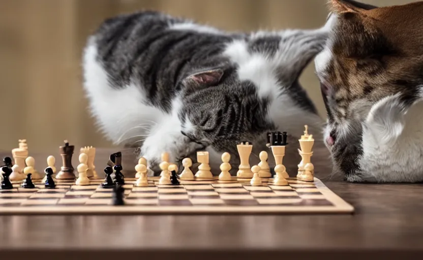 Image similar to cat playing chess against a dog