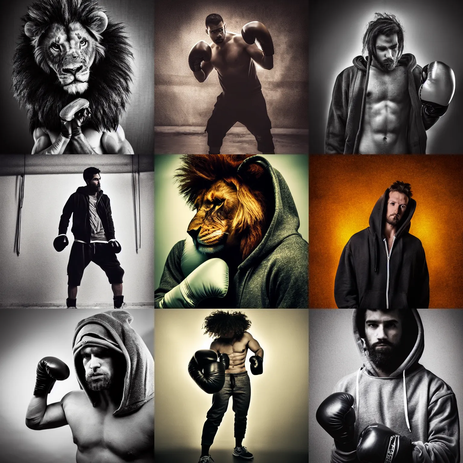 Prompt: high detail backlit cinematic photograph portrait , epic pose muscular oversized lion is wearing dirty hoodie and boxing gloves, very dramatic depressing dark studio photography