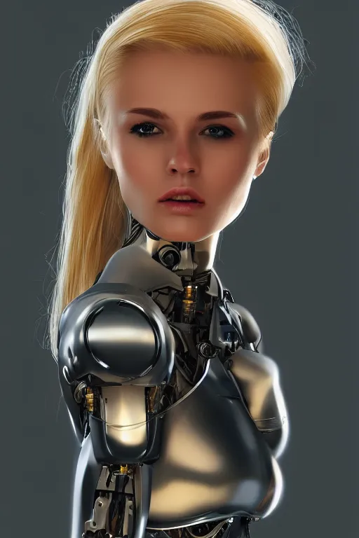 Image similar to a beautiful woman with blonde hair wearing robot suit with wires and light, highly detailed, photorealistic, artstation, smooth