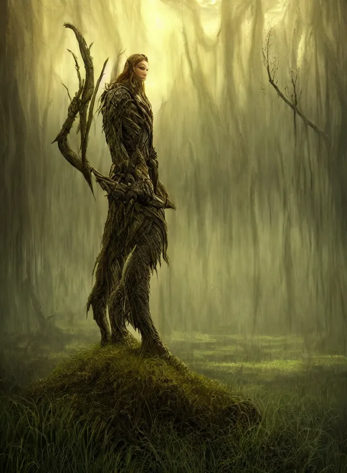 Image similar to a portrait of an onodrim ent guarding the marshy swamps from skyrim, fantasy setting, serene environment, serene colors, soft lighting, atmospheric, cinematic, moody, in the style of diego koi, gina heyer, luiz escanuela, art by alyssa monk, hyperrealism, rule of thirds, golden ratio, oil on canvas, 8 k