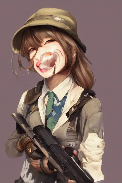 Prompt: illustration of a girl smiling holding a gun, drawn by mai yoneyama, hasuimo, palow, kaechang, and mitsume takahashi, detailed, dynamic lighting, pixiv art, digital art, anime art,