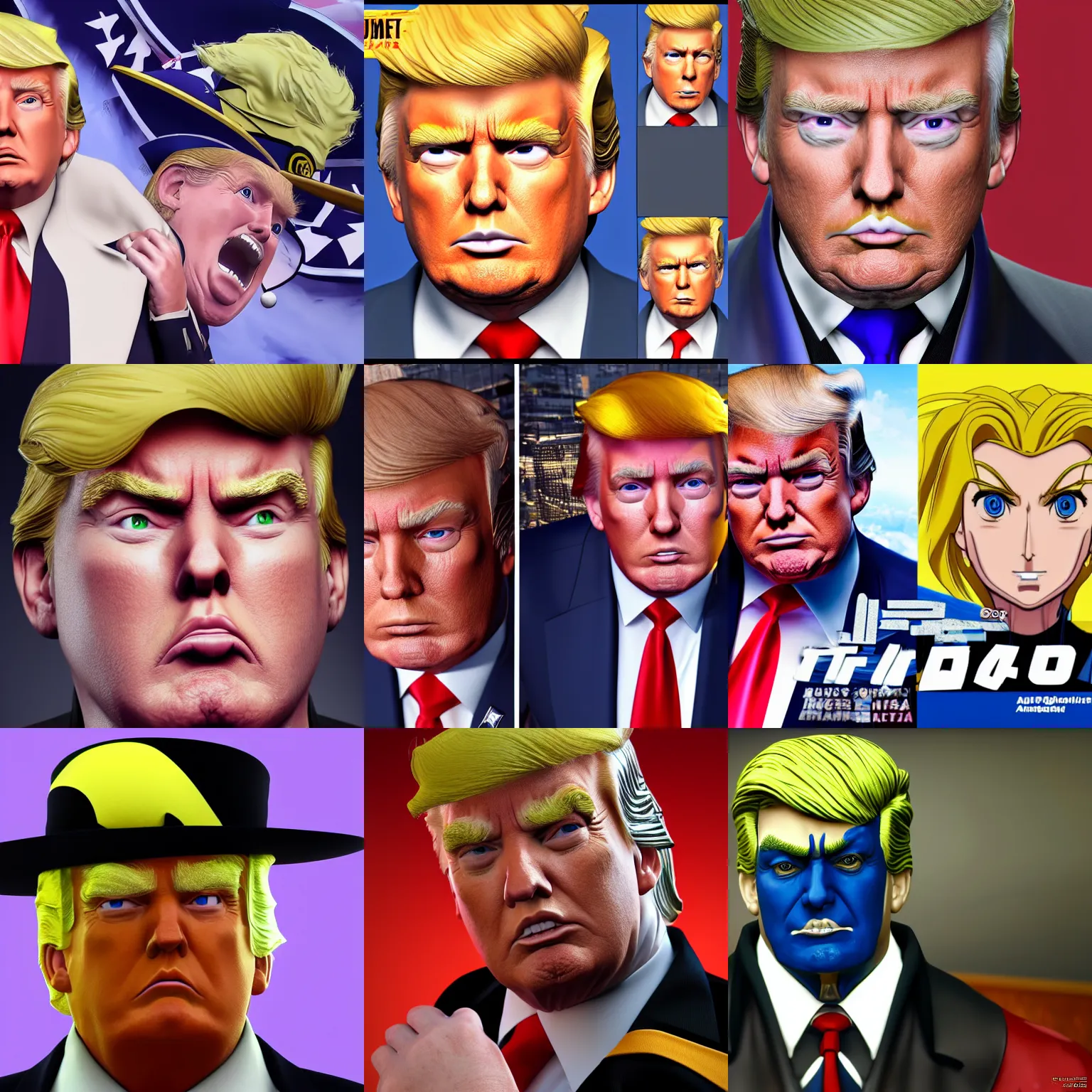 Prompt: portrait donald trump in the style of jojo's bizarre adventure anime unreal 5 highly detailed, by hirohiko araki, 8 k