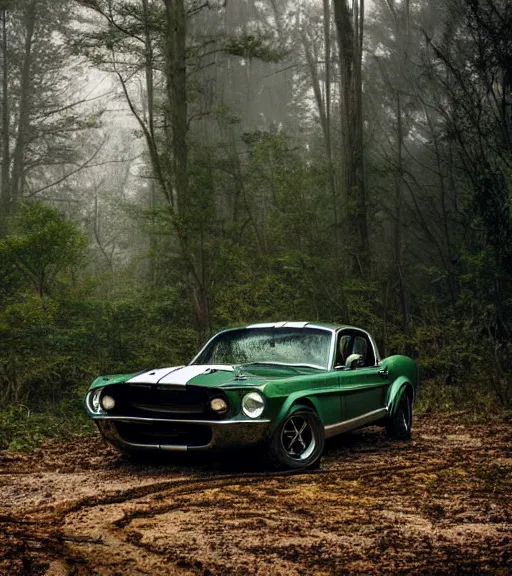 Prompt: 69 shelby mustang abandoned in a forest, fog, rural, damage, nature