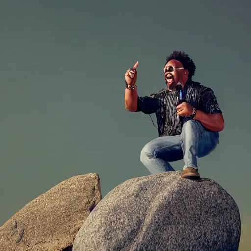 Prompt: dwayne jonson singing in a rock concert standing on a rock