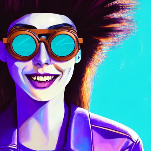 Prompt: closeup painting of a very beautiful young mexican cyberpunk woman with a smile, wearing light blue shutter shades, slatted shades, and a purple coloured leather jacket, one side haircut, long brown hair with light blue ends, portrait, hyperdetailed, artstation, cgsociety, synthwave by tangerine dream, by jean - michel jarre, by vangelis, by john carpenter