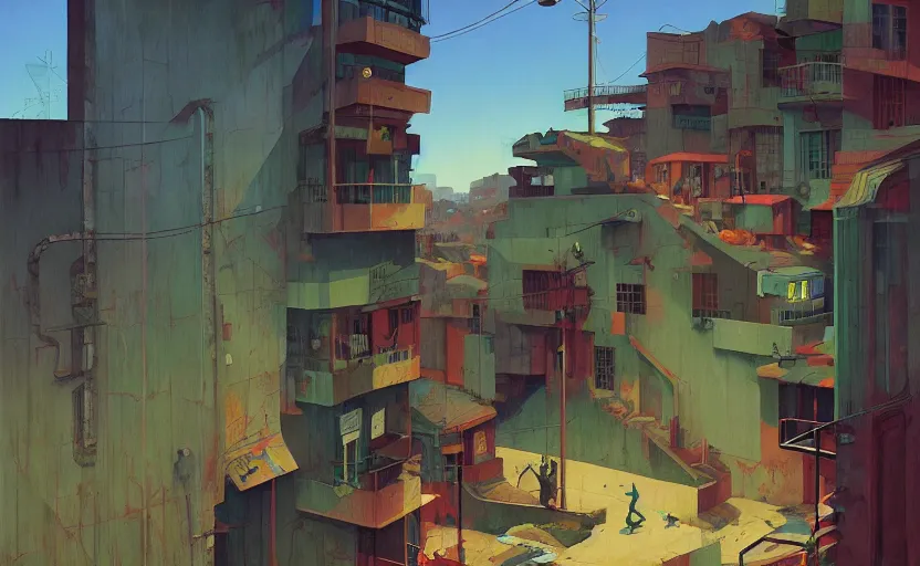 Image similar to Mysteriuos Favela, very coherent, painted by Edward Hopper, Wayne Barlowe, painted by James Gilleard, airbrush, art by JamesJean