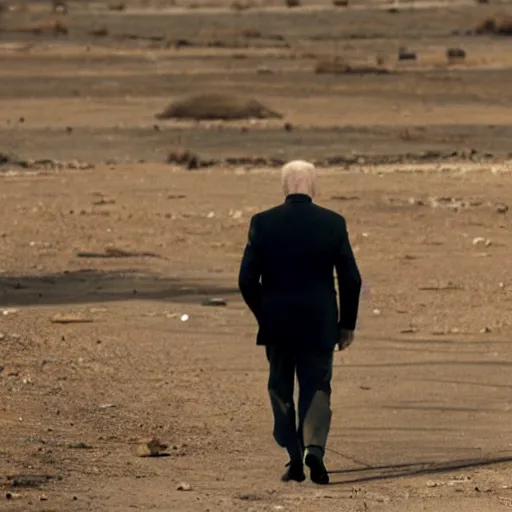 Image similar to a color photo taken from a distance of joe biden walking in a wasteland