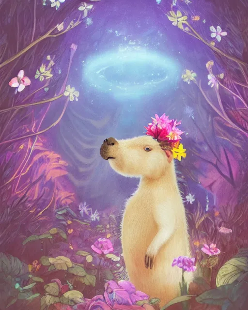 Image similar to Capybara playing Guitar in magical forest, portrait, wearing flower crown, magical notes, flowers, flower dress, birds, fairy atmosphere, magic the gathering artwork, D&D, fantasy, cinematic lighting, centered, symmetrical, highly detailed, digital painting, artstation, concept art, smooth, sharp focus, illustration, volumetric lighting, epic Composition, 8k, art by Akihiko Yoshida and Greg Rutkowski and Craig Mullins, oil painting, cgsociety