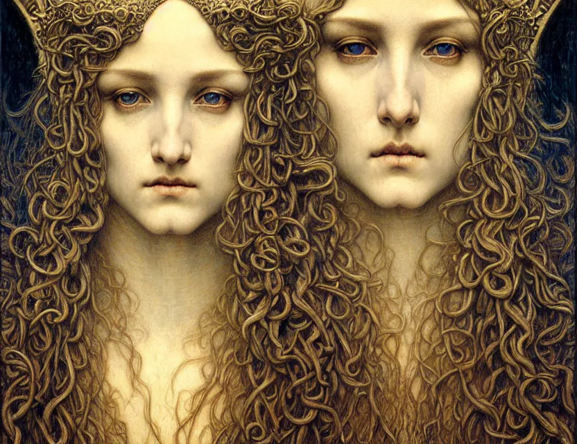 Image similar to detailed realistic beautiful young medieval queen face portrait by jean delville, gustave dore and marco mazzoni, art nouveau, symbolist, visionary, gothic, pre - raphaelite. horizontal symmetry