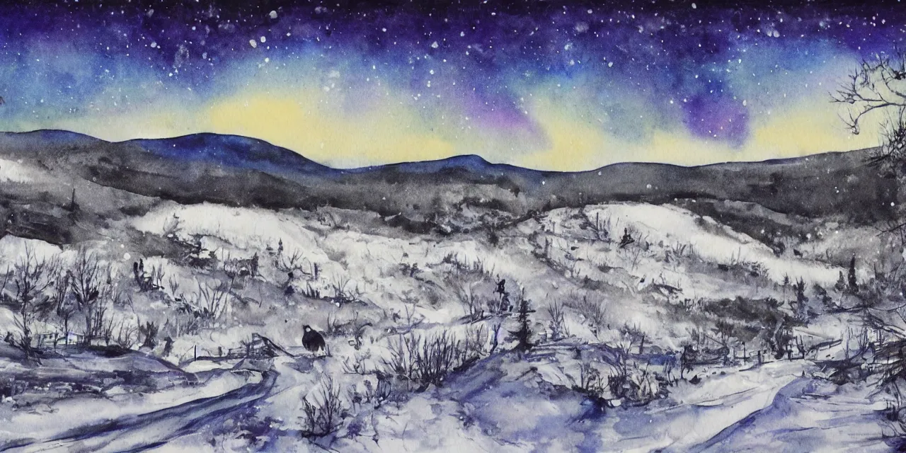 Image similar to laurentian appalachian mountains in winter, unique, original and creative black watercolour landscape, surrealist artwork, snowy night, distant town lights, aurora borealis, deers and ravens, footsteps in the snow, brilliant composition, fascinating textures