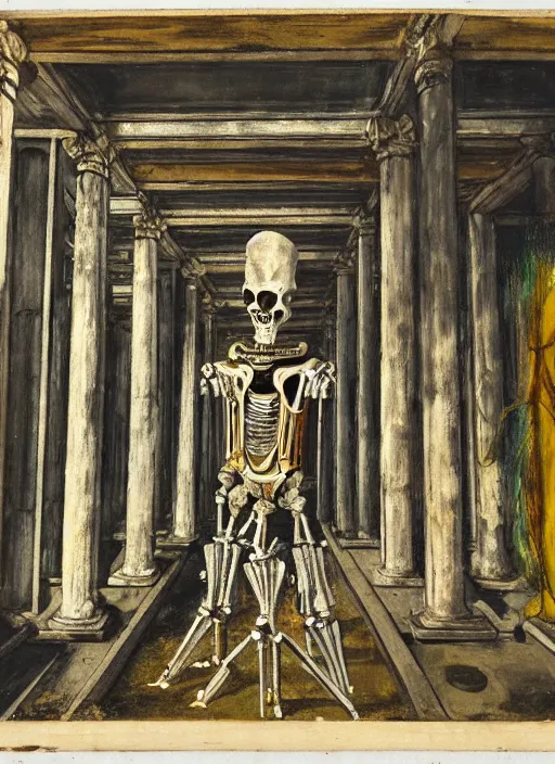 Prompt: a mecha robot inside a Greek temple filled with bones, Greek temple, Daguerrotype, Francis Bacon Painting