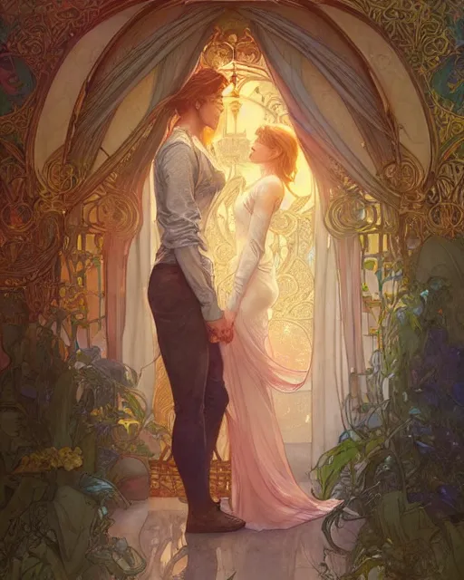 Image similar to secret romance, highly detailed, gold filigree, romantic storybook fantasy, soft cinematic lighting, award, disney concept art watercolor illustration by mandy jurgens and alphonse mucha and alena aenami, pastel color palette, featured on artstation