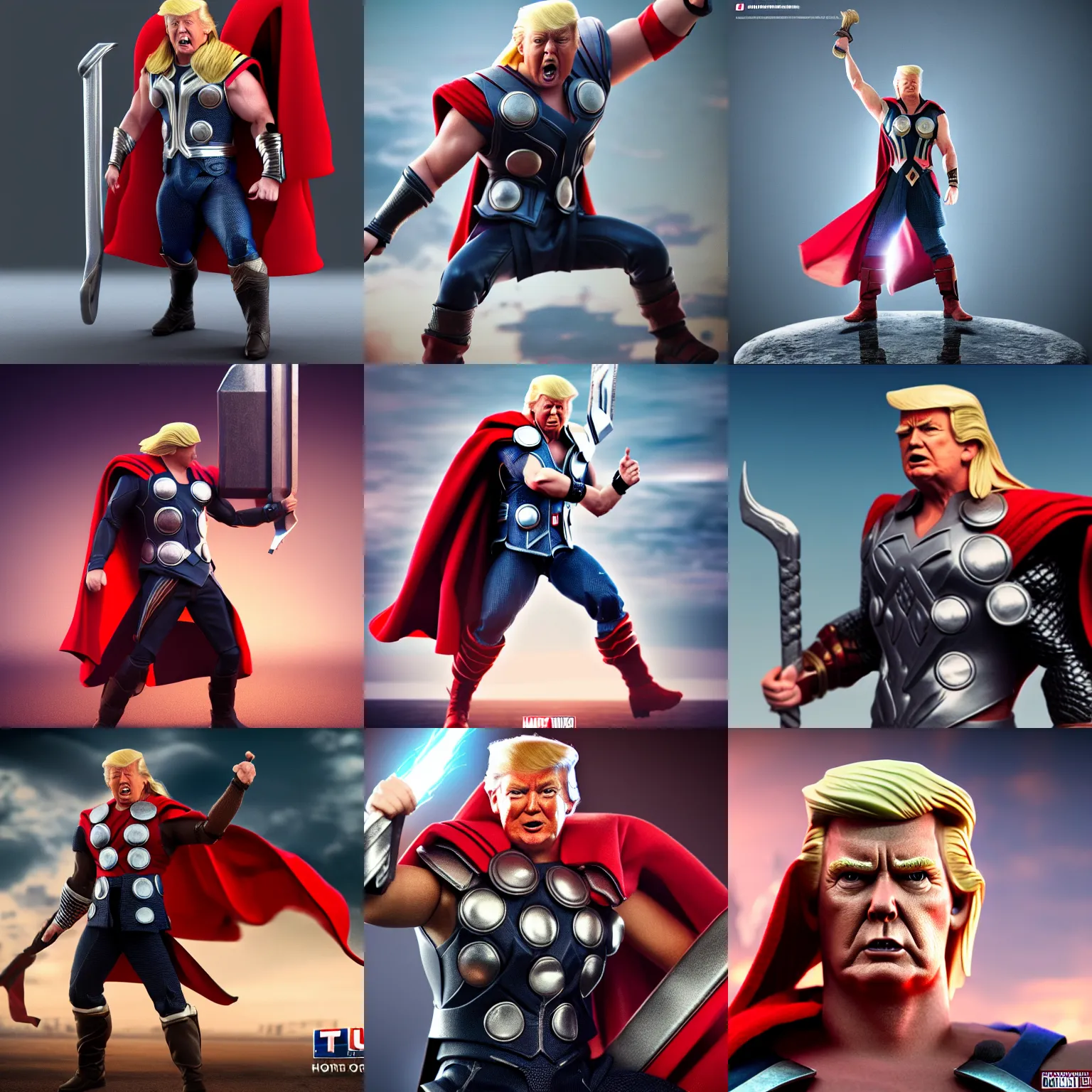 Prompt: donald trump as thor, action figure stance, digital art, octane render