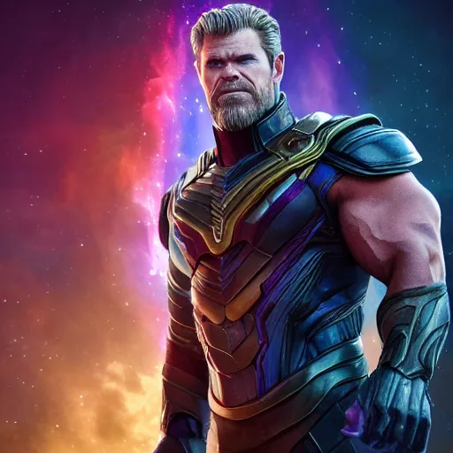 Prompt: Chris Hemsworth starring as Thanos, Chris Hemsworth in Thanos attire and makeup, trending on artstation, 4k, 8k