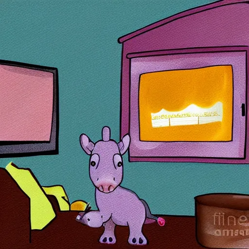 Prompt: a baby hippo miniature horse live in a cozy house and watch tv in the family room. digital art.