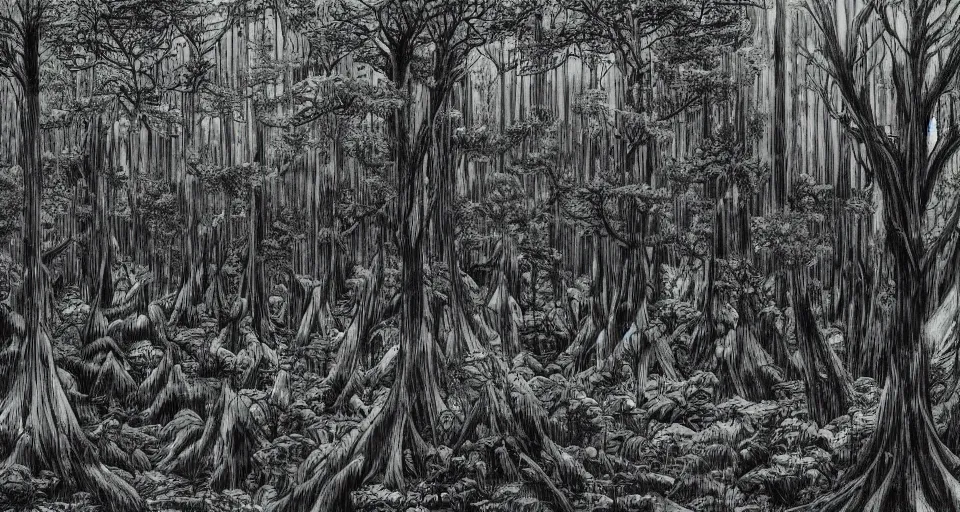 Prompt: A dense and dark enchanted forest with a swamp, by Yoshihiro Togashi