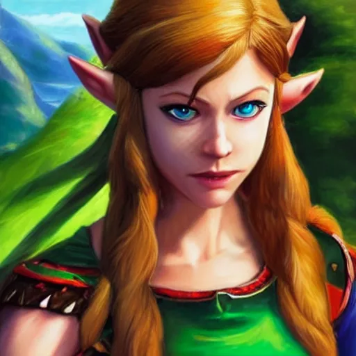 Image similar to An ultra-realistic portrait painting of Zelda from The Legend of Zelda in the style of Alex Ross. 4K. Ultra-realistic. Highly detailed. Epic lighting.