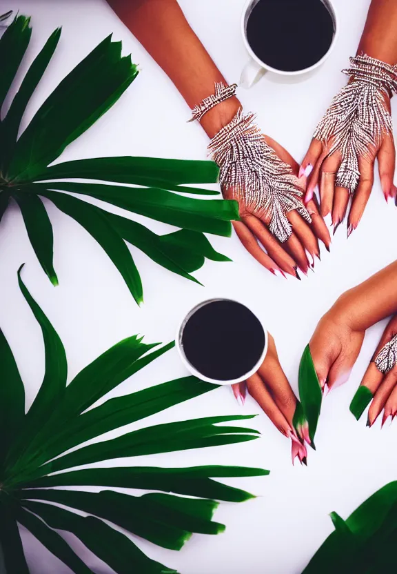 Image similar to an instagram photo of two ultra detailed woman's palms lying on the table, instagram photo, studio photo