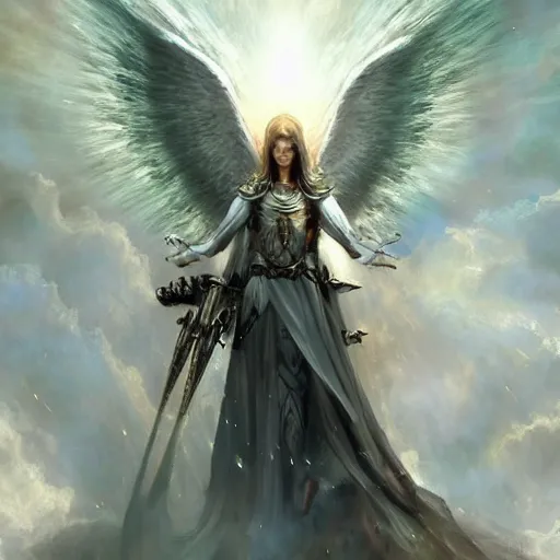 Prompt: an archangel of the high heavens with heavy armor, artstation hall of fame gallery, editors choice, #1 digital painting of all time, most beautiful image ever created, emotionally evocative, greatest art ever made, lifetime achievement magnum opus masterpiece, the most amazing breathtaking image with the deepest message ever painted, a thing of beauty beyond imagination or words, 4k, highly detailed, cinematic lighting