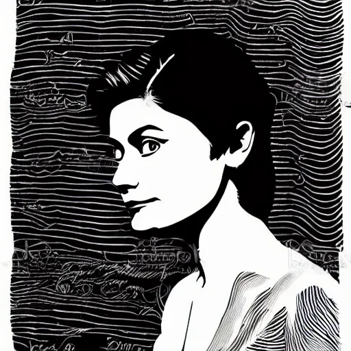 Prompt: portrait of young audrey tautou, vector art, line art, engraving illustration