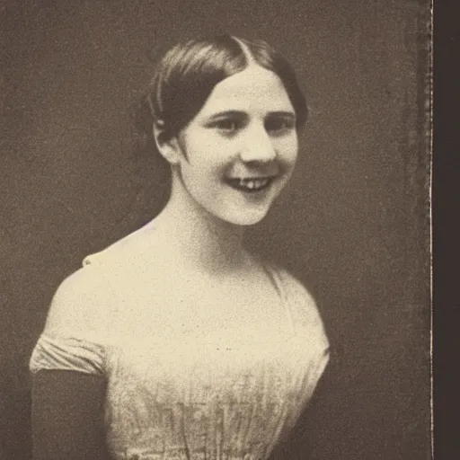 Prompt: representation of a young woman with a happy face in the year 1835 photo taken by William Henry Fox Talbot