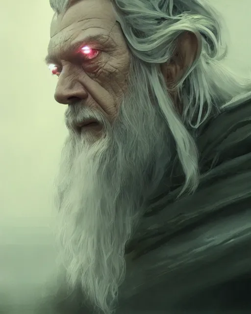 Image similar to gandalf with cybernetic enhancements, android, detailed face, scifi character portrait by greg rutkowski, esuthio, craig mullins, 1 / 4 headshot, cinematic lighting, dystopian scifi gear, gloomy, profile picture, mechanical, half robot, implants, steampunk