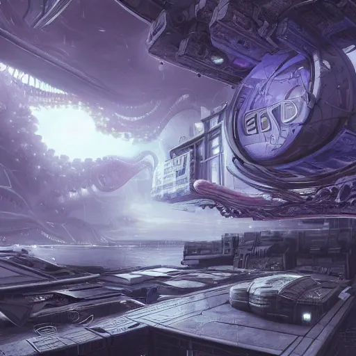 Image similar to Hyperrealistic futuristic lovecraftian, eldritch, cyberpunk space station