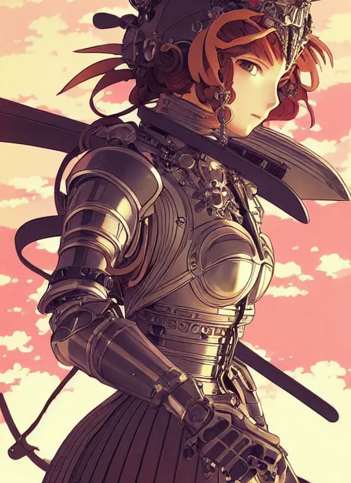 Prompt: yoh yoshinari, ilya kuvshinov editorial anime illustration female knight in ornate armor, last exile, murata range, fine detail,, dramatic lighting, dynamic composition, cel shading, vivid, rich texture, alphonse mucha, ( ( ( colorful ) ) ), gustav klimt, cinematic