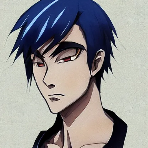 Image similar to Anime concept art of a man with navy blue hair