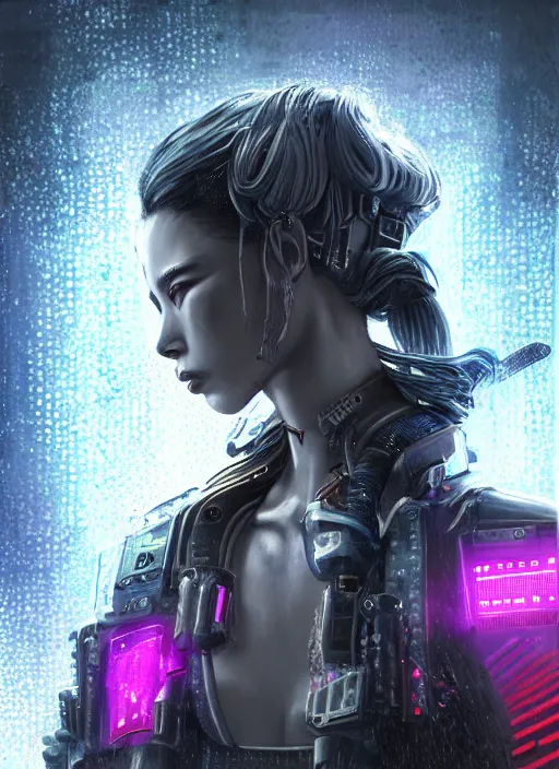 Image similar to stunning futuristic superb cyberpunk young female Samurai wearing samurai armor hybrid with military tactical vest, armor has neon circuitry, long white hair, windswept hair, sci-fi in futuristic stormy heavy rain thunder flashing tokyo rooftop cyberpunk night, sci-fi,fantasy, intricate, very very beautiful, elegant, neon light, highly detailed, Cinematic, digital painting, artstation, hyper realism, concept art, soft light, hdri, smooth, sharp focus, illustration, unreal engine 4, art by tian zi and craig mullins and WLOP and alphonse mucha