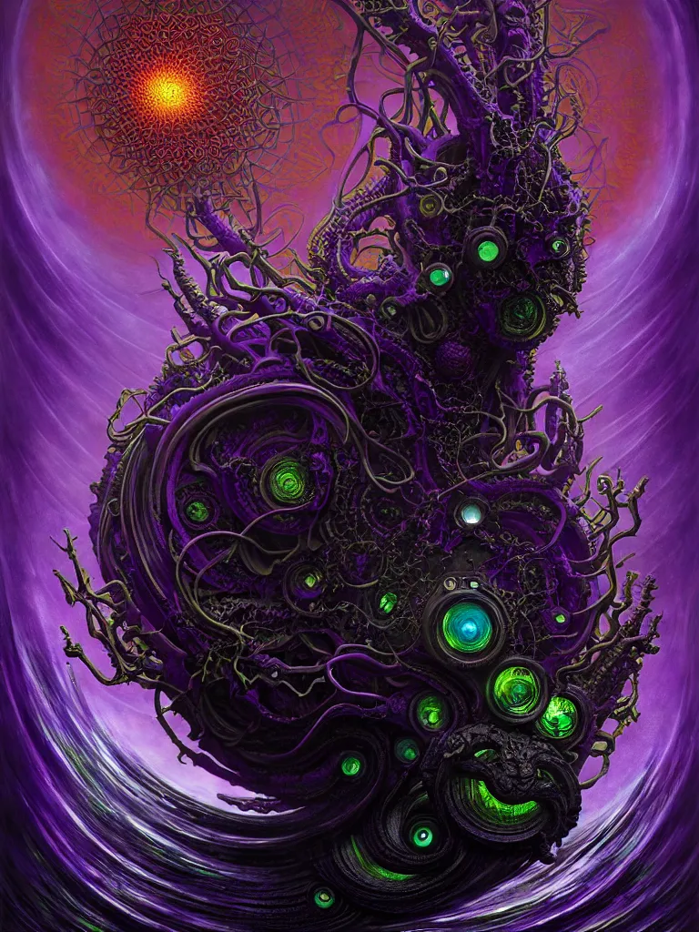 Prompt: depicting a wrathful technological nightmare monster god, in the style of h. p. lovecraft, exuberant organic elegant forms, by karol bak and filip hodas : : 1. 4 purple, red, blue, green, black intricate mandala explosions : : intuit art : : turbulent water backdrop : : damask wallpaper : : atmospheric