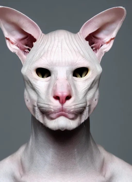 Image similar to bipedal hairless cat, pale man with the head of a cat, bald, smooth, silky, stunning, stealthy, cunning