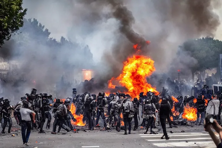 Prompt: riot in France between mecha robot and people, detailed realistic picture, photojournalism, tear gas fire cocktail molotov