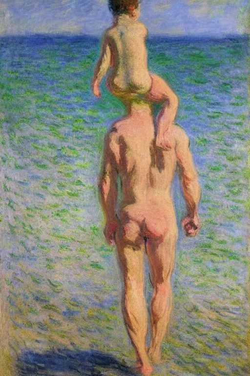 Image similar to a man walking with his child over his shoulders near the beach, anatomically correct, painting by monet, masterpiece