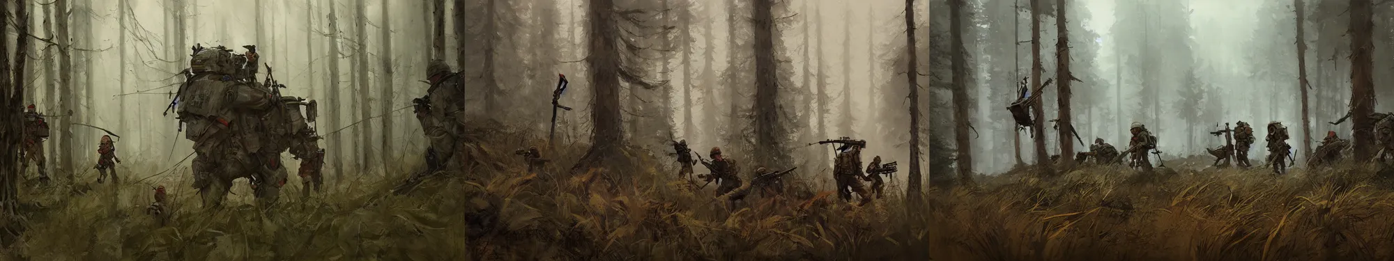 Prompt: closeup of scout unit hiding from soldiers in a forest, papyrus, watercolored, jakub rozalski, dark colours, dieselpunk, artstation