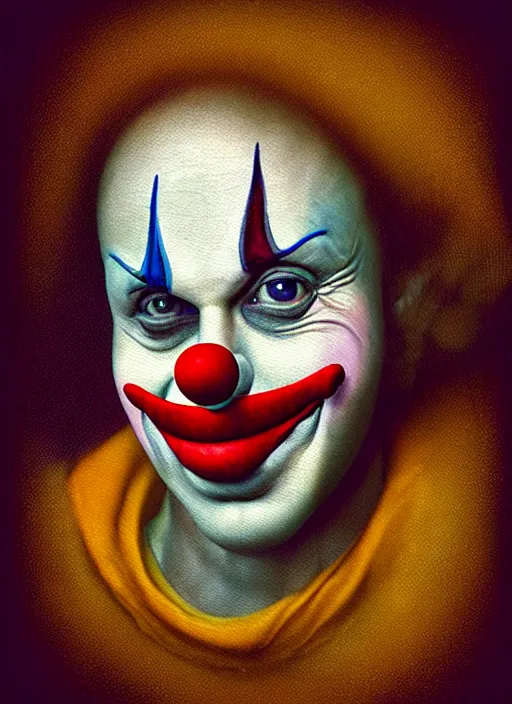 Image similar to polaroid selfie of clown influencer, diaphanous, render, octane, detailed, award winning photography, masterpiece, dark backround, highly detailed, digital illustration, trending in artstation, modern painting, smooth, sharp focus, intricate