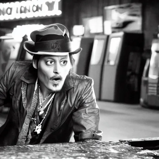 Prompt: johnny depp starring in the movie dig dug arcade, movie still, action pose, 8 k