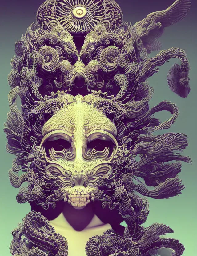 Image similar to simple coherent artwork. 3 d goddess close - up 3 / 4 portrait with ram skull. beautiful intricately detailed japanese crow kitsune mask and clasical japanese kimono. betta fish, jellyfish phoenix, bio luminescent, plasma, ice, water, wind, creature, artwork by tooth wu and wlop and beeple and greg rutkowski