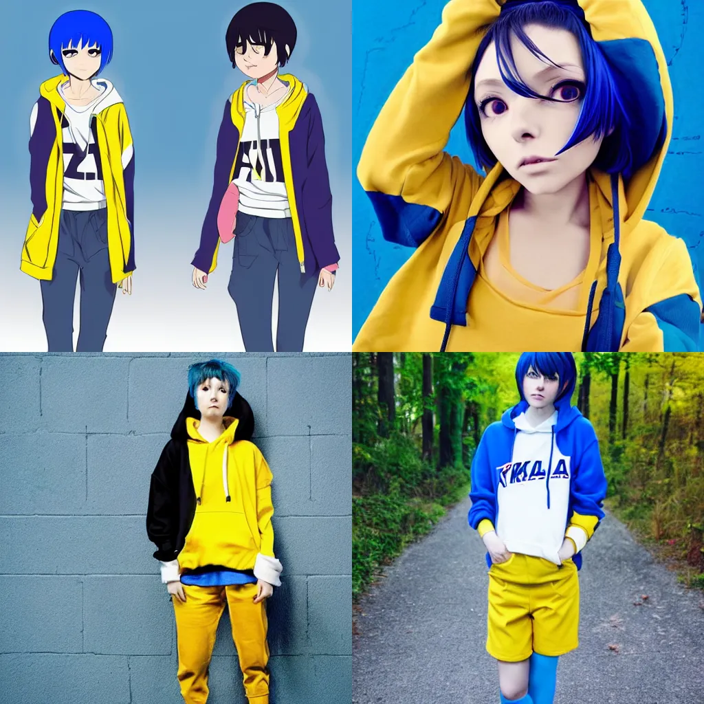 Prompt: a girl with blue short hair, yellow and big hoodie, short trousers, not very tall, anime style, Kill la Kill