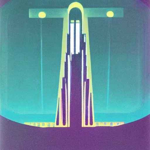 Prompt: logo of large tower in - front of an futuristic glass city, washed out color, centered, art deco, 1 9 5 0's futuristic, glowing highlights, peaceful