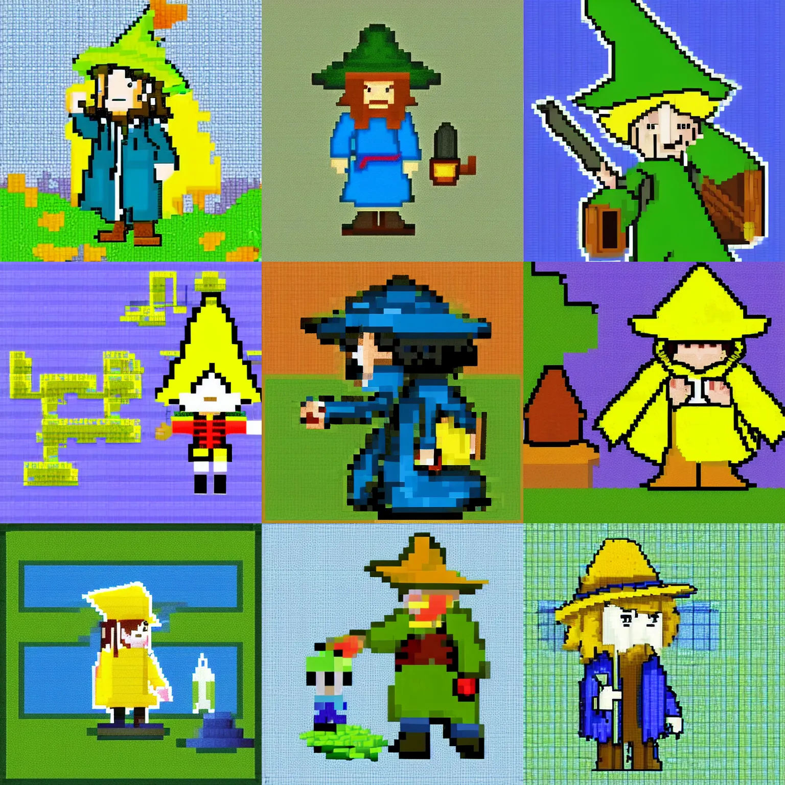 Prompt: snufkin wizard with a blue robe and yellow hat, curly blond hair and beard, pixel art sprite