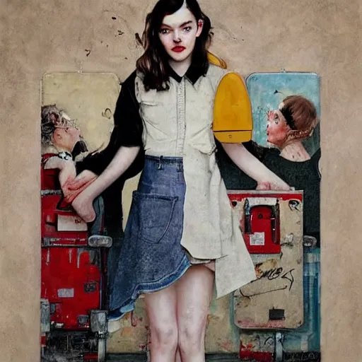 Prompt: elle fanning, ana de armas, anya taylor joy in prey picture by norman rockwell, asymmetrical, dark vibes, realistic painting, organic painting, matte painting, geometric shapes, hard edges, graffiti, street art : 2 by norman rockwell : 4