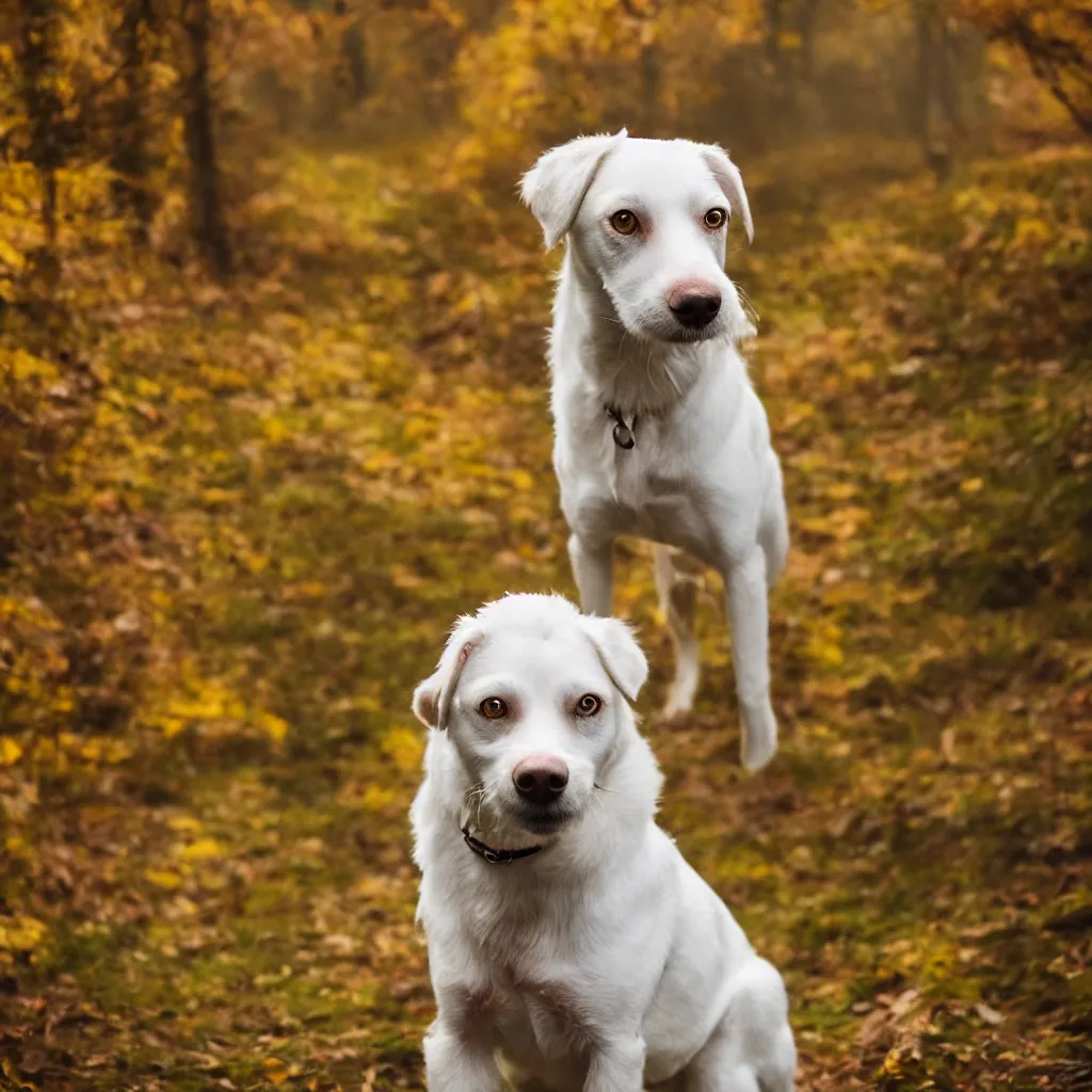 Image similar to one white laika dog, autumn, foggy old forest, very detailed, 4 k, professional photography