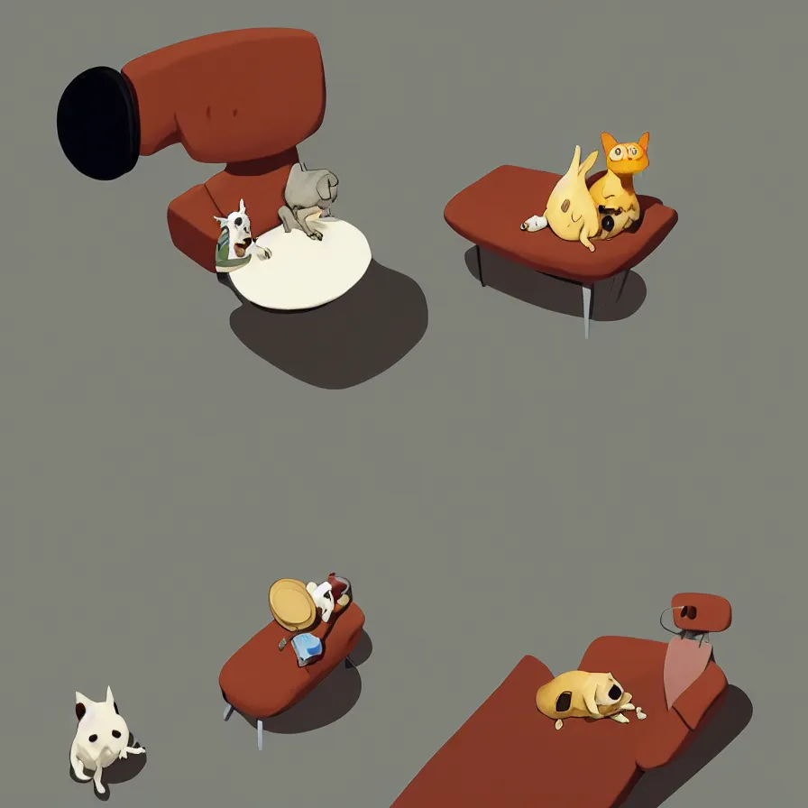 Prompt: Goro Fujita illustrating a dog looking down from the top of the sofa at his food bowl, art by Goro Fujita, sharp focus, highly detailed, ArtStation