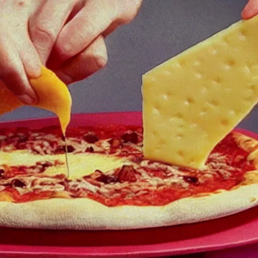 Prompt: a still from a pizza commercial, cheese stretches off a slice 1 9 8 0 s