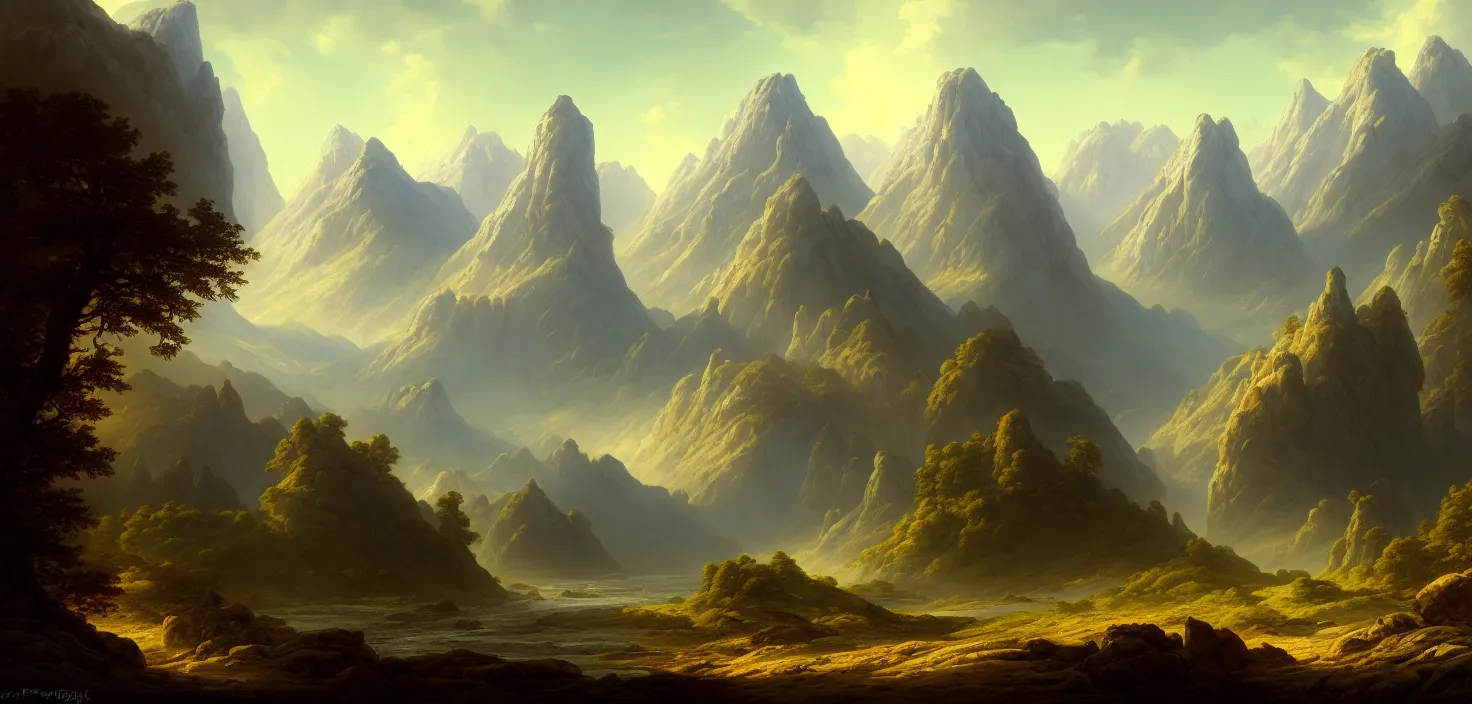 Image similar to a painting of a landscape with mountains and trees, a matte painting by william didier - pouget, cgsociety, fantasy art, matte painting, apocalypse landscape, concept art