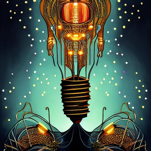 Image similar to beautiful painting of the benevolent spirit of lightbulbs surrounded by mechanical fireflies in the style of Welder Wings and H. R. Giger. Dark background, detailed, trending on Artstation