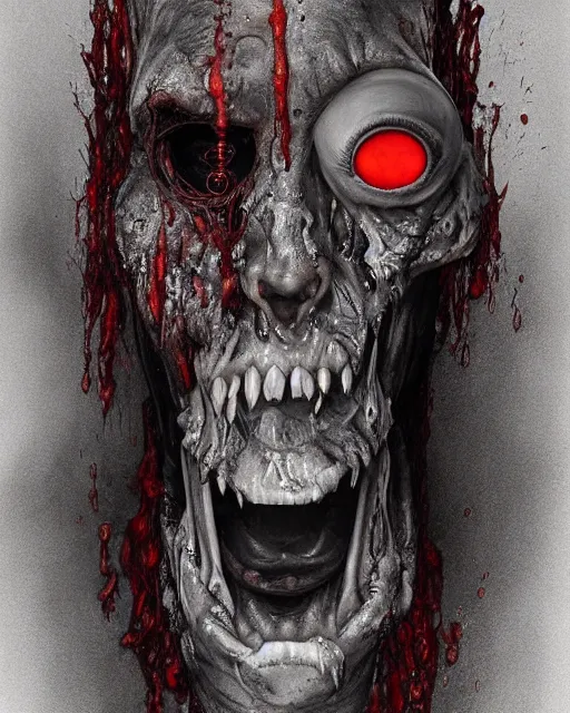 Prompt: Haunting horrifying hyperrealistic detailed painting of a tall slim flesh demon covered in thick black blood, heavy metal, disgusting, creepy, unsettling, and bloodshot eyeballs, hyper detailed, trending on Artstation