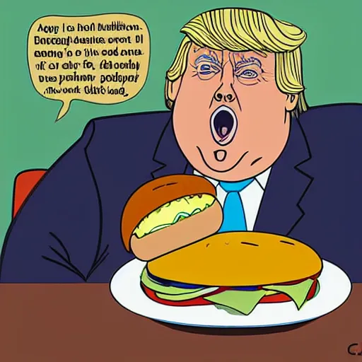 Prompt: a close - up portrait of obese donald trump eating a massive cheeseburger by chris ware