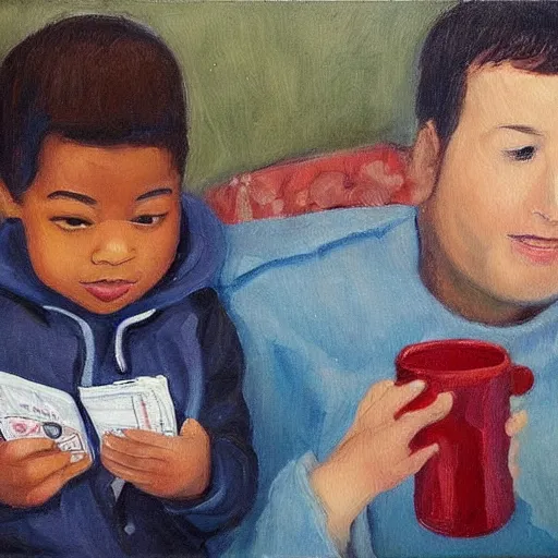 Image similar to little boy drinking hot chocolate and looking at his father wallet he hold in hand. in the background the father looking for his wallet. painting.